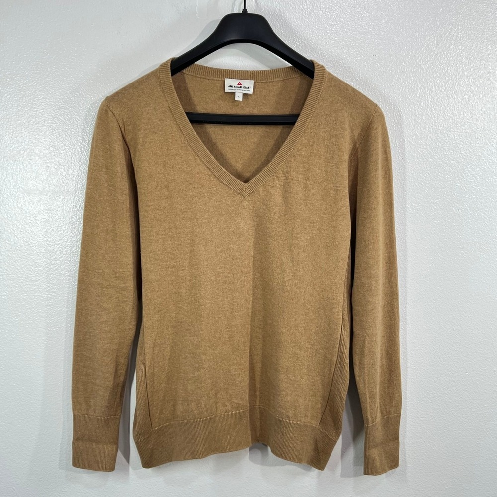 American Giant Men's Large Camel Tan Merino Wool Cotton Blend V-Neck Sweater L